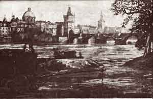 Acquatinta-Acquaforte - E.W. Rohling (prima metà del XIX sec.); "Veduta di città sul fiume