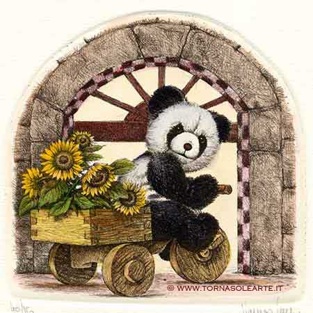 Panda con carretto di girasoli