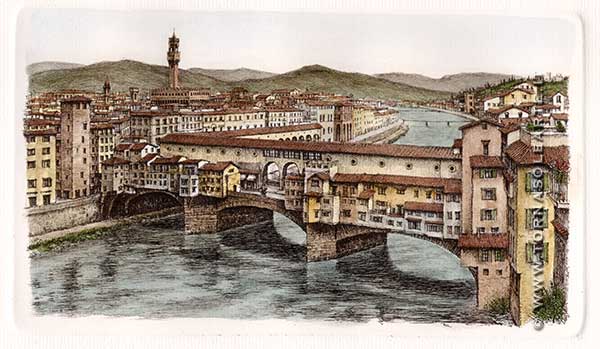 Florence. Ponte Vecchio in hand-watercolour