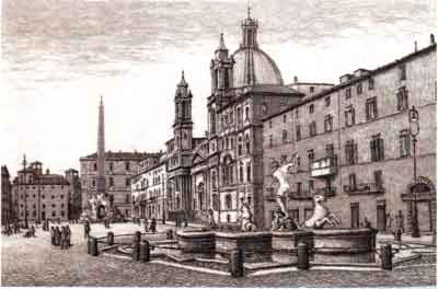 Acquaforte Originale - Gianni Raffaelli (Firenze 1952); Piazza Navona (particolare) 31x16 cm